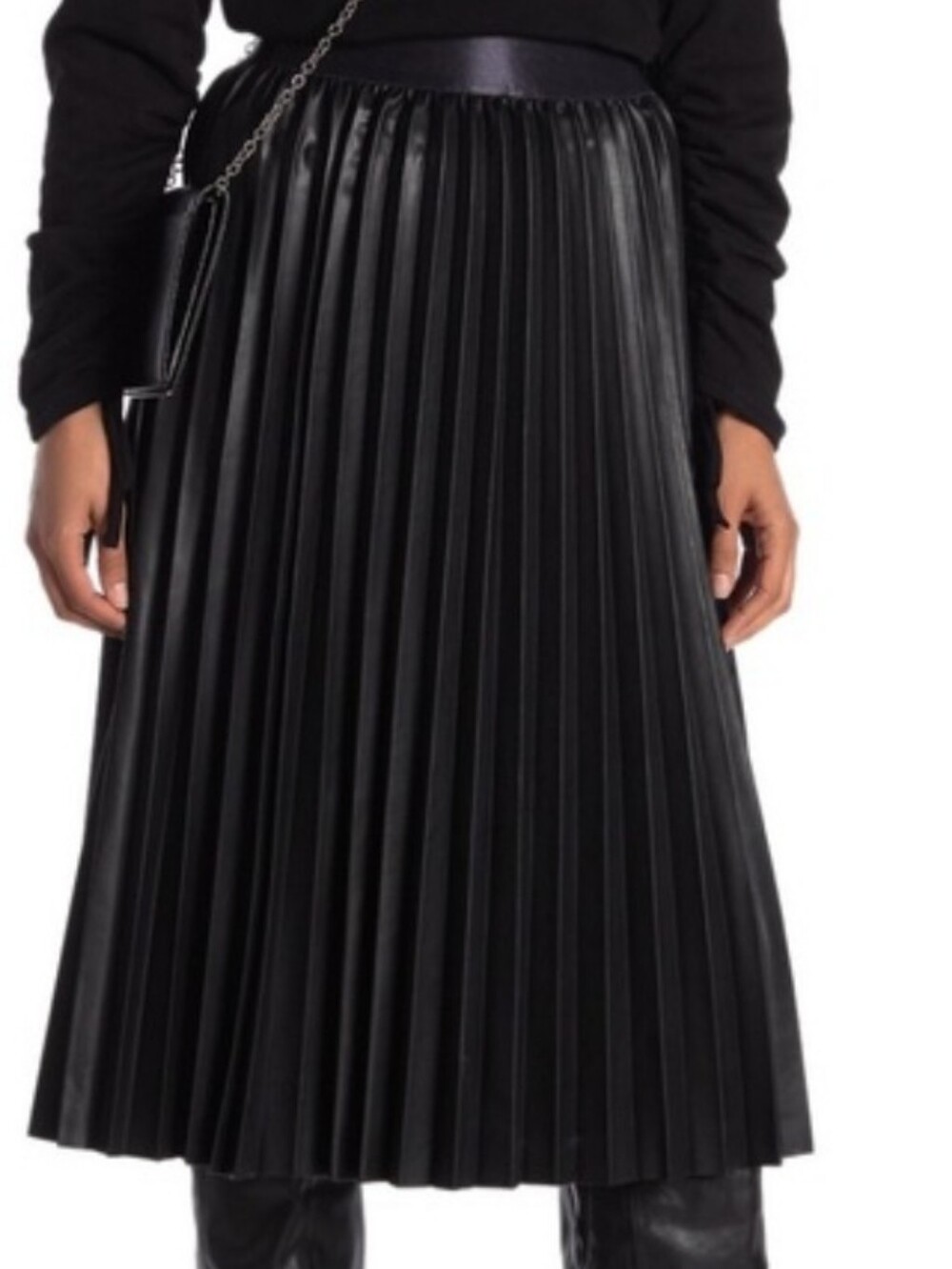 RACHEL Rachel Roy Black Faux Leather Pleated Midi Skirt